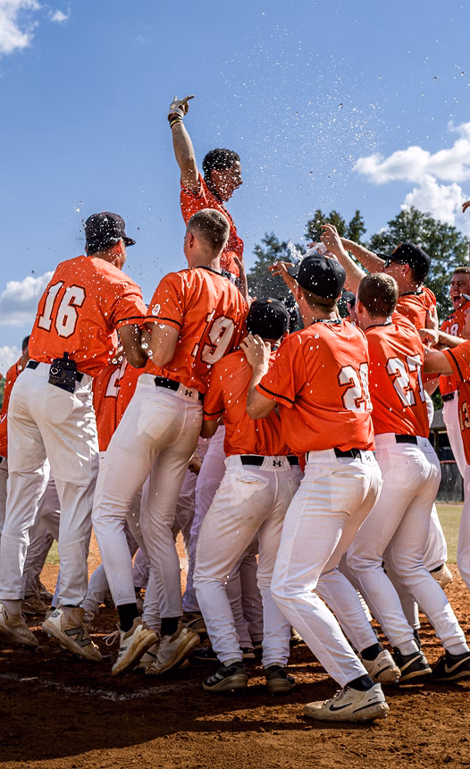 Baseball players celebrating a win